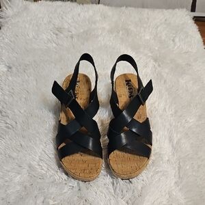 Kork-Ease Black Leather Cork Wedge Sandals